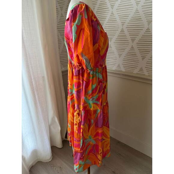 Crystal Sky Large Fruit Brush Floral Tiered Puff Short Sleeve Cotton Midi Dress - Picture 5 of 5